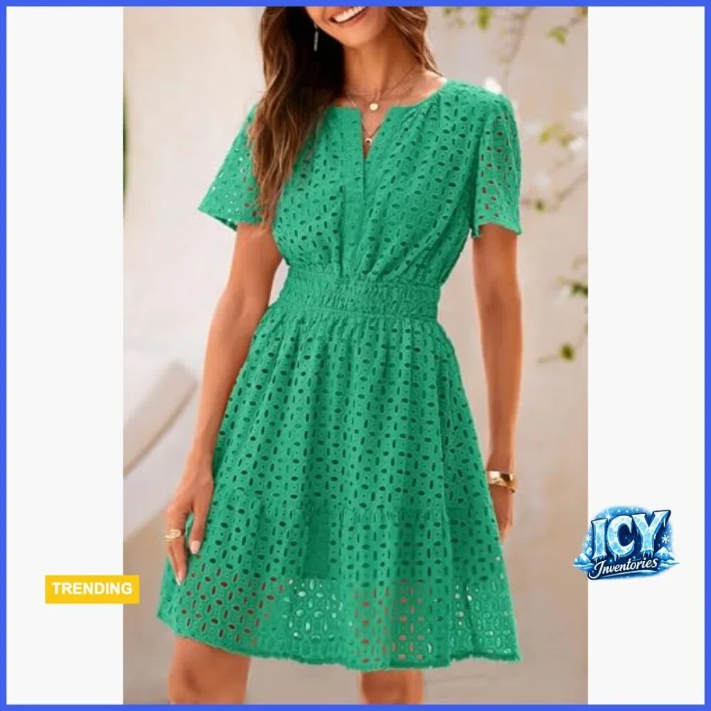 Cotton Hollow Out Lace V-Neck A-Line Mini Dress